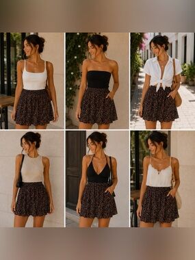 American Eagle Outfitters Black Mini Skirt with Red and Cream Floral Print